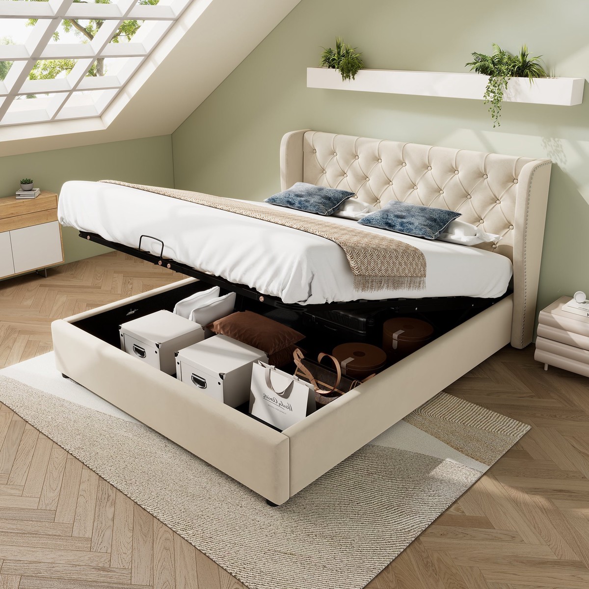 Upholstered Bed, Hydraulic Lift Storage, 135x190cm, Velvet Beige