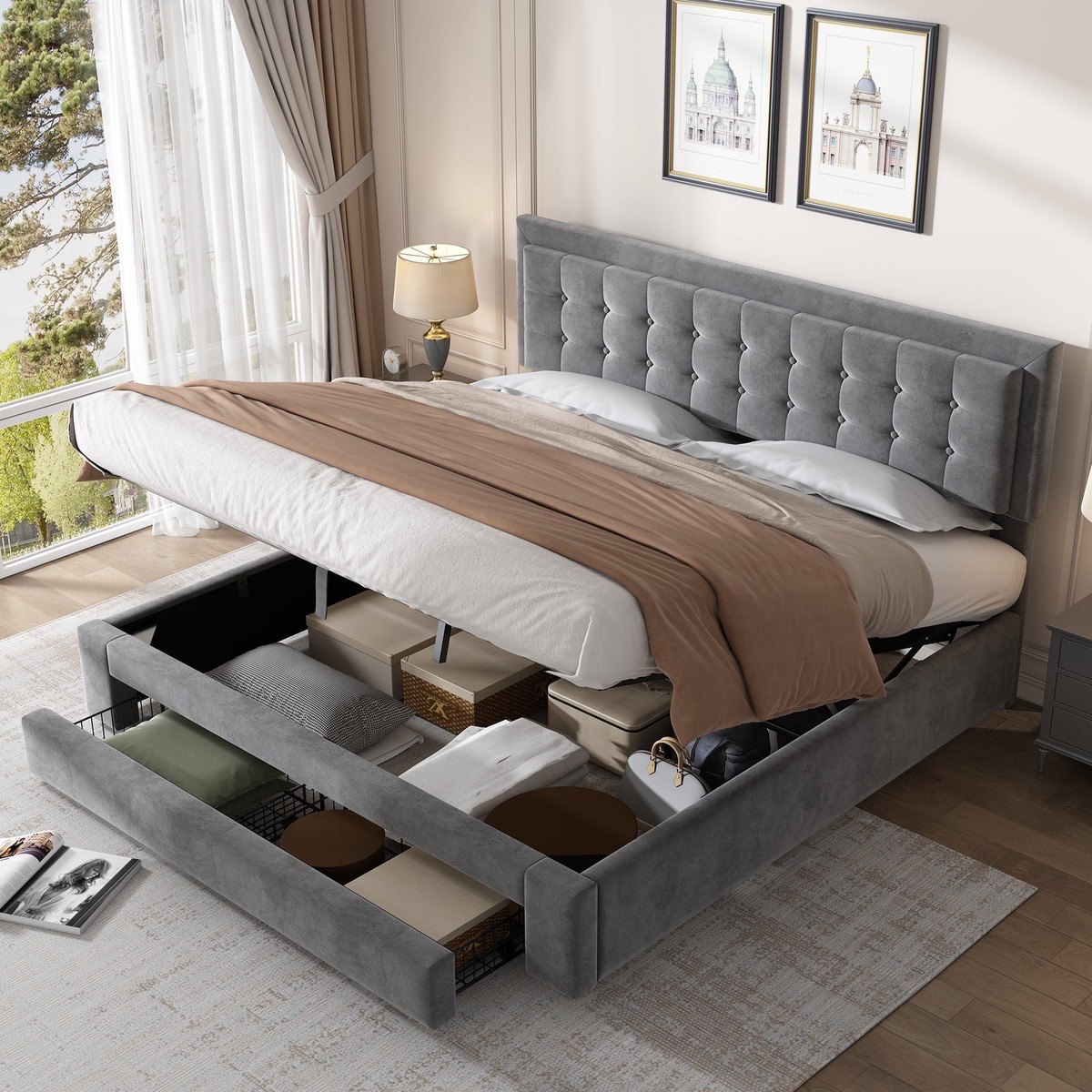 Upholstered Bed, Super King Size (180x200cm), with Large Storage & Slatted Headboard, Grey Velvet