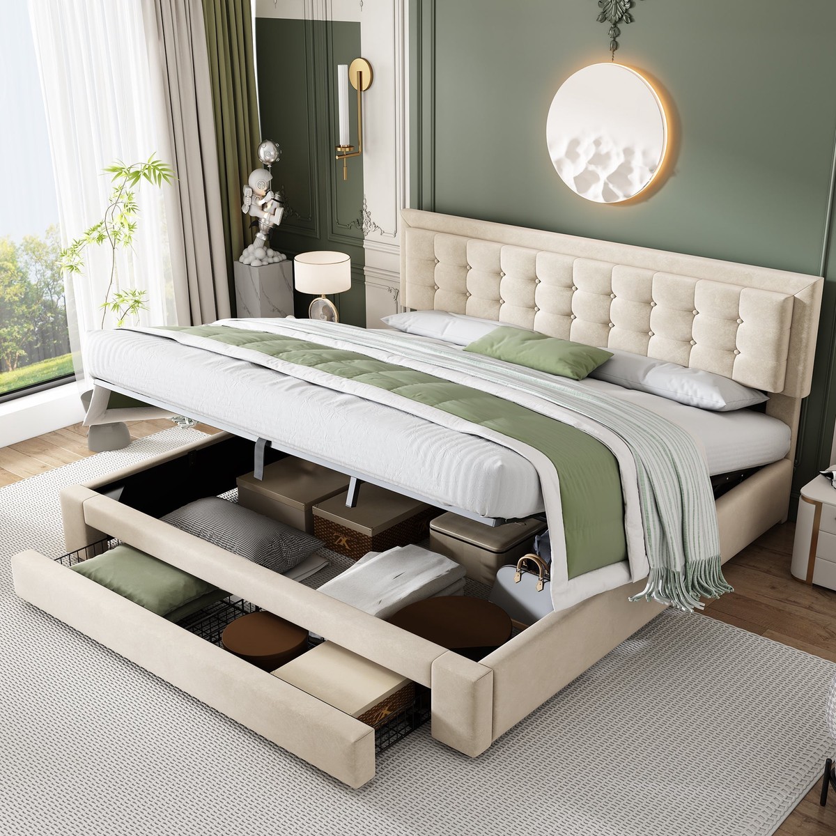 Upholstered Bed, Super King Size 6ft (180x200cm) with Storage, Slats and Headboard, Cream Velvet