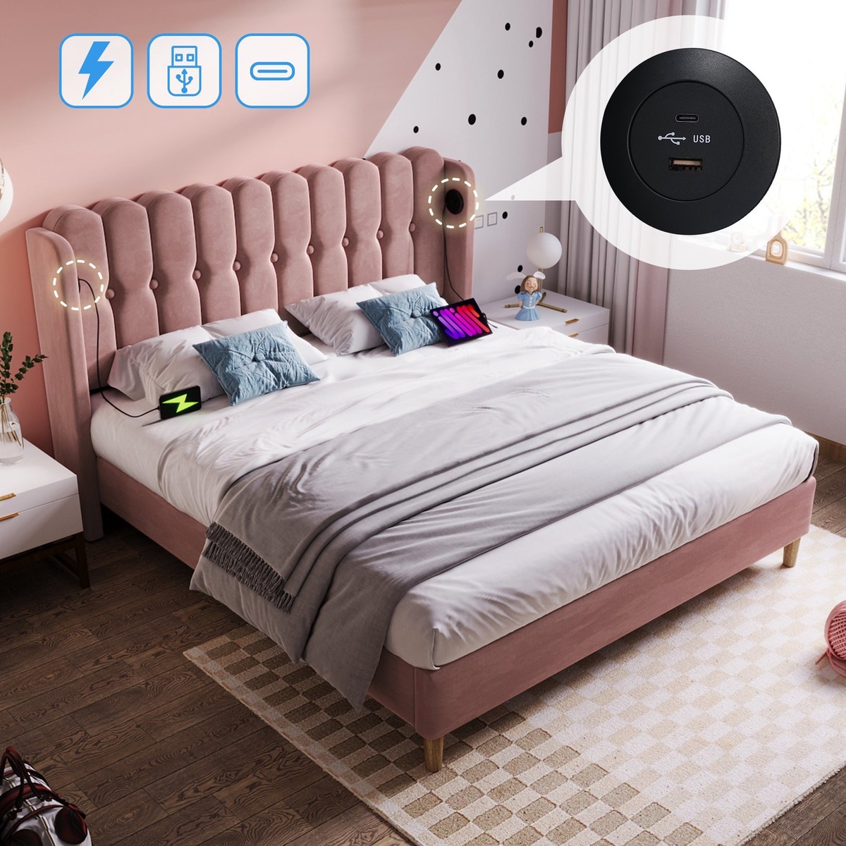 Upholstered Double Bed with USB and Type-C Charging, Pink, Velvet Material