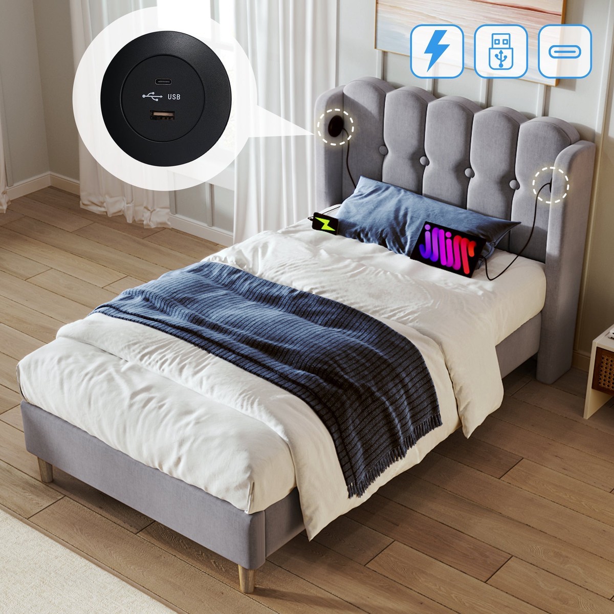 Upholstered Single Bed with USB and Type-C Charging, Wooden Slatted Frame, Grey Linen Material (No Mattress)
