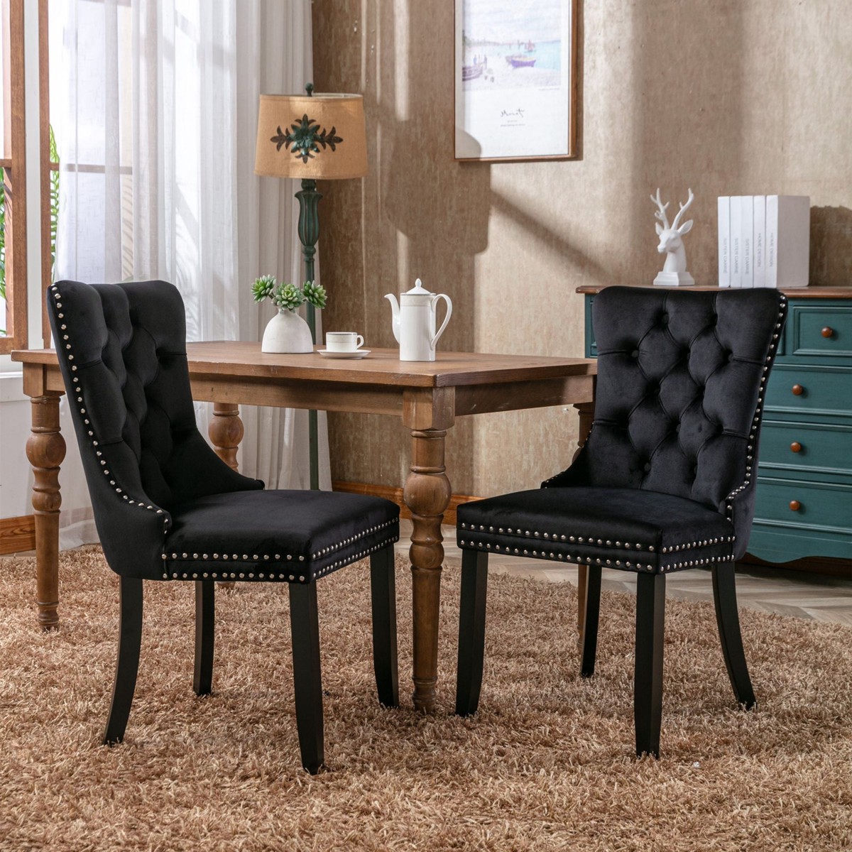 Upholstered Velvet Dining Chairs, Button Tufted with Solid Wood Legs, Riveted Trim & Knocker Ring, Set of 6, Black