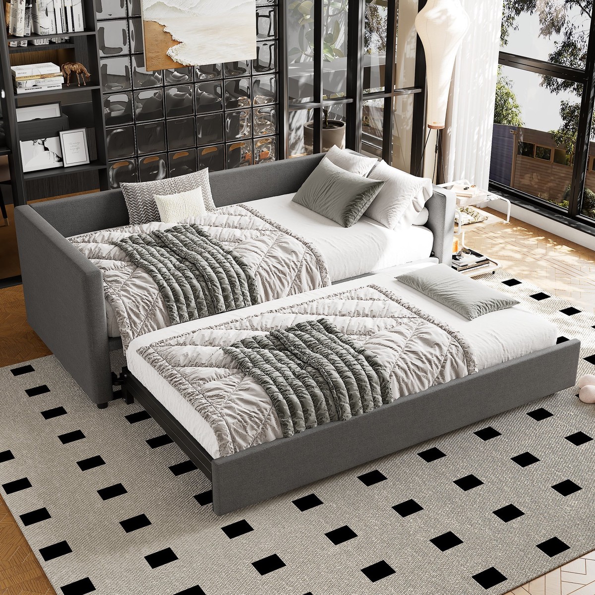 3ft Single Grey Linen Upholstered Bed with Pull-Out Trundle Daybed Sofa