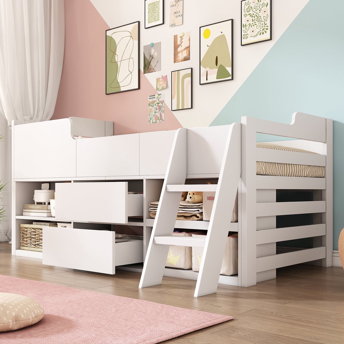 3ft Single Mid Sleeper Cabin Bed with Drawers & Shelf White Wooden Frame