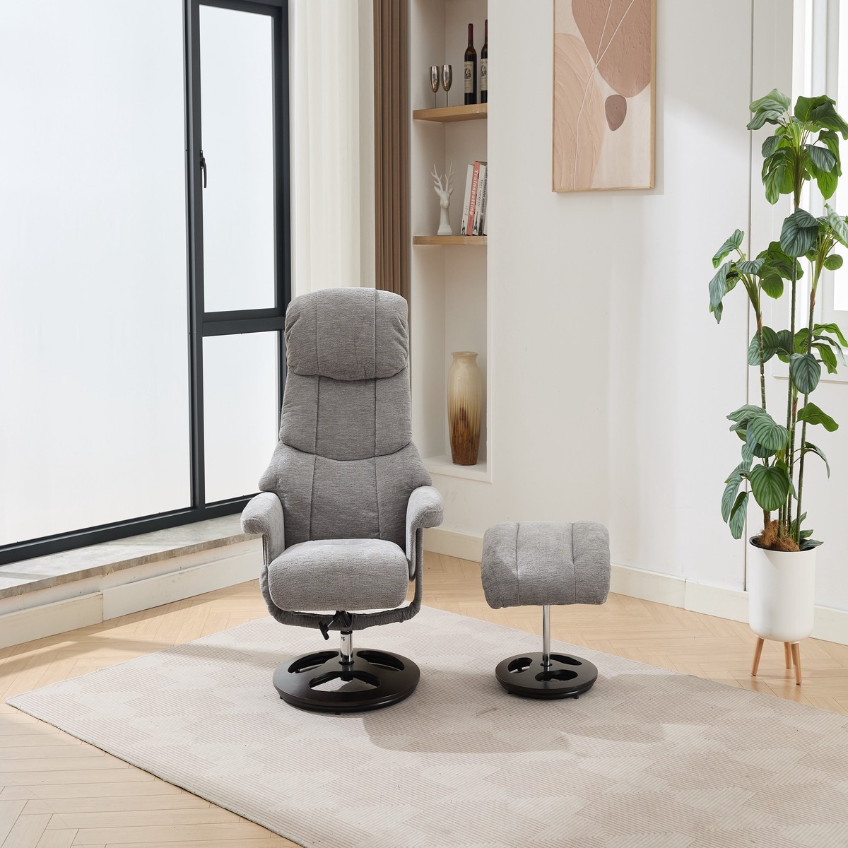 Chenille Upholstered Massage Recliner with Ottoman Footstool, 5 Points Massager, Wood/Metal Base, Grey