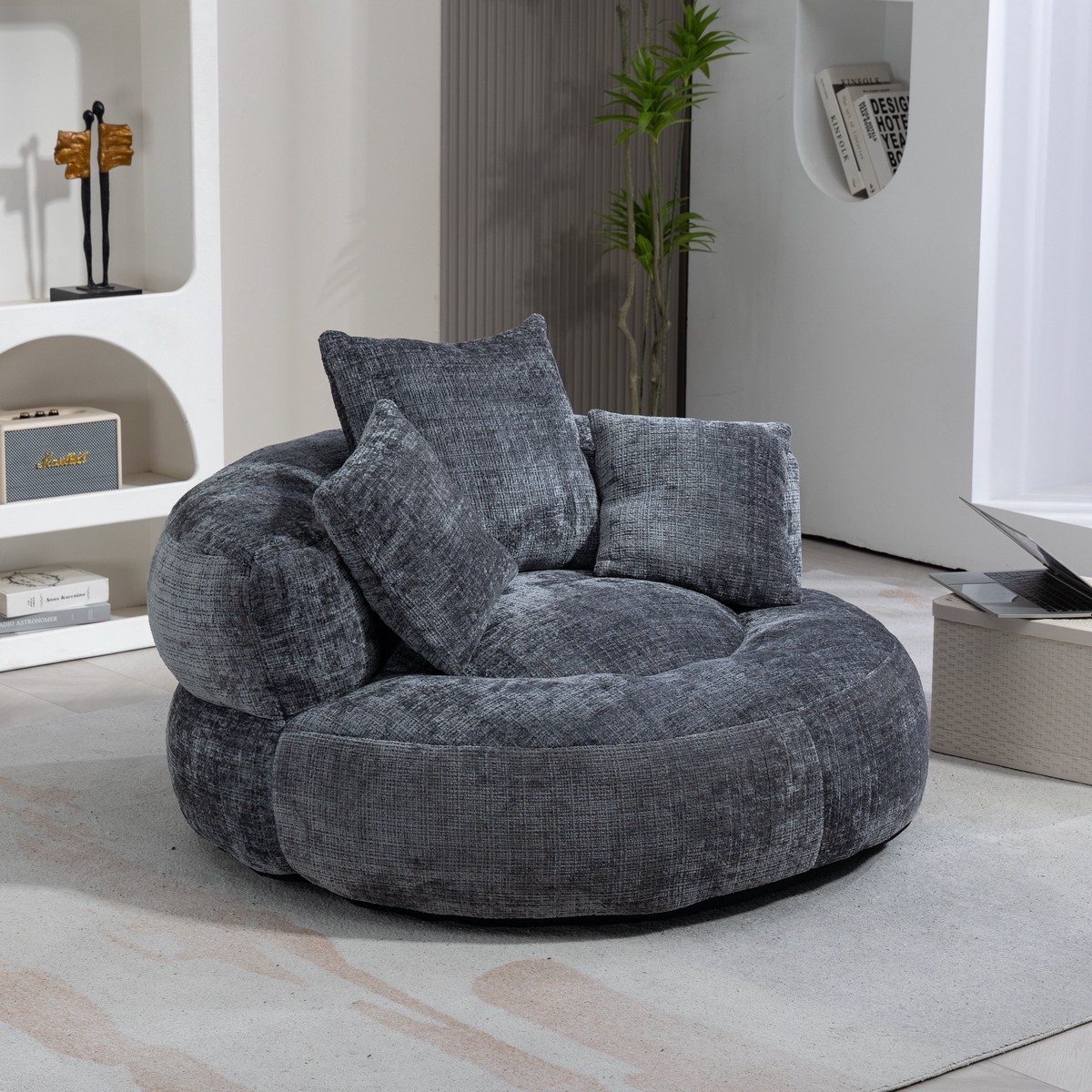 COOLMORE Lazy Sofa Durable Comfort Lounger High Back Bean Bag Chair Couch with Three Pillows, Gray Chenille