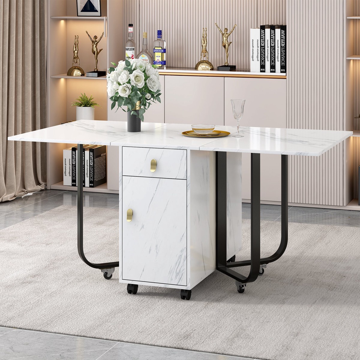 Folding Dining Table with Cupboard, 2 Drawers & Gliders, White/Black