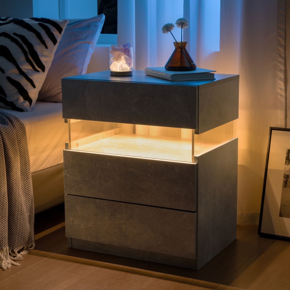LED Nightstands: Acrylic Board, End Table with 3 Drawer Dresser (Gray)
