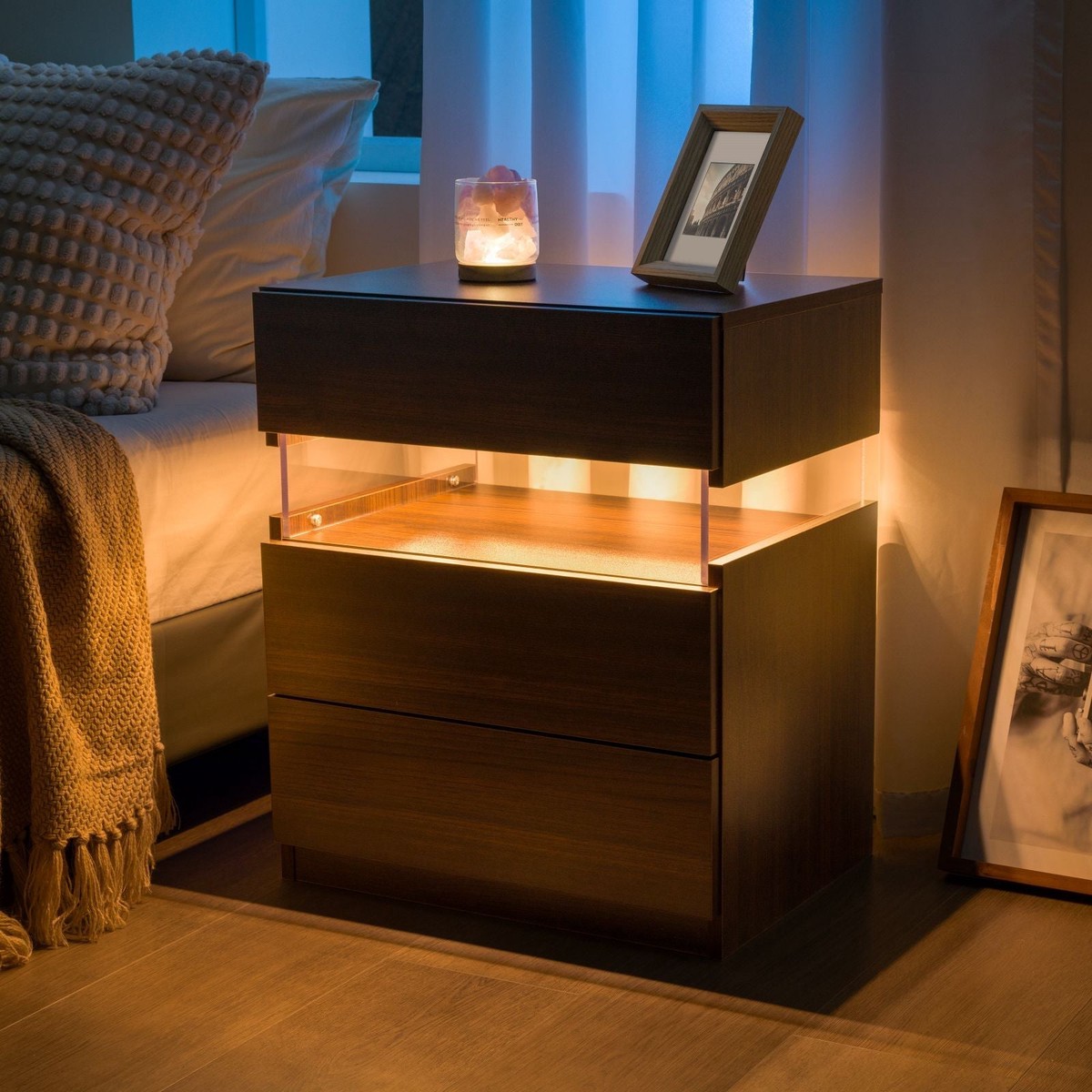 LED Nightstands: Acrylic Board LED Bedside Tables for Bedroom End Table with 3 Drawer Dresser, Walnut Material