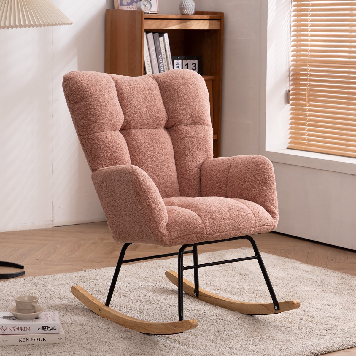 Mid Century Modern Rocking Chair, Teddy Fabric Tufted Upholstered, Padded Seat, Pink