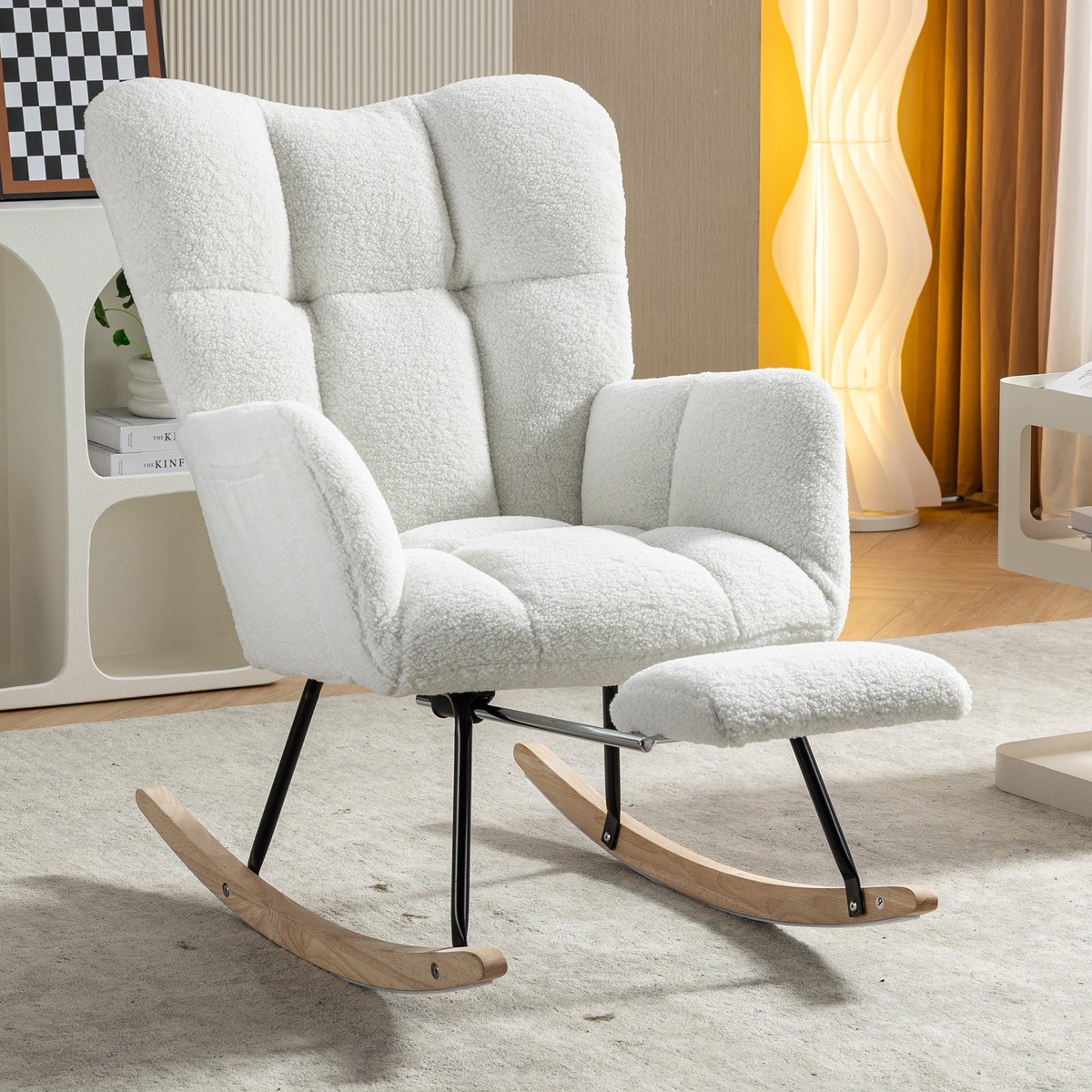 New Modern Teddy Fabric Tufted Upholstered Rocking Chair with Pull-Out Footrest, White