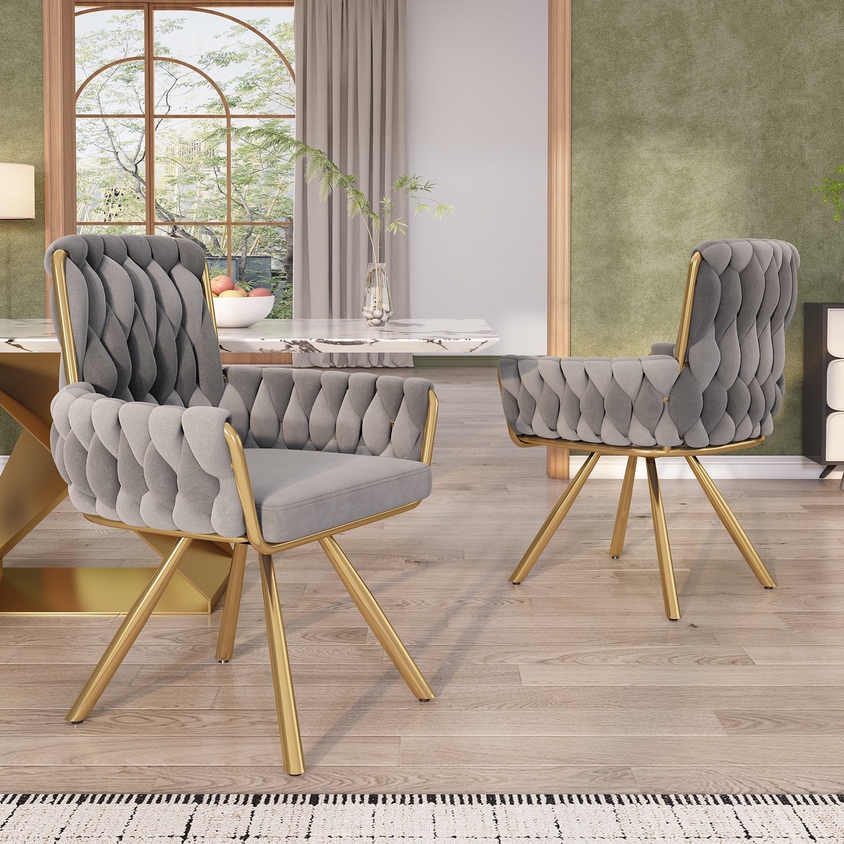 Set of 2, velvet dining chair, Armchair, single luxurious living room and bedroom swivel chair, Leisure swivel chair with four metal support legs, Gray