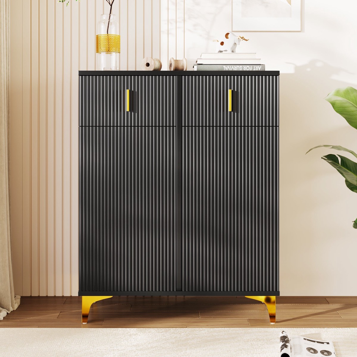 Sideboard Shoe Cabinet with Structural Panels, Adjustable Shelves & Drawers, Gold-Plated