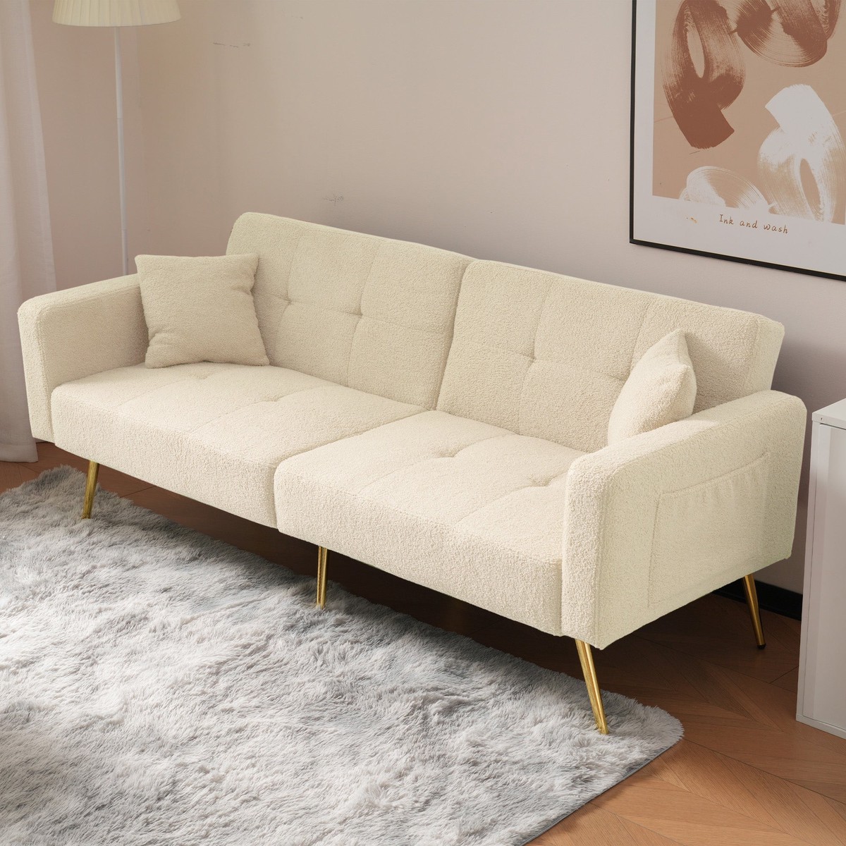 Sofa Bed with Adjustable Backrest, Gold Legs & Storage Pockets, Cushions Included