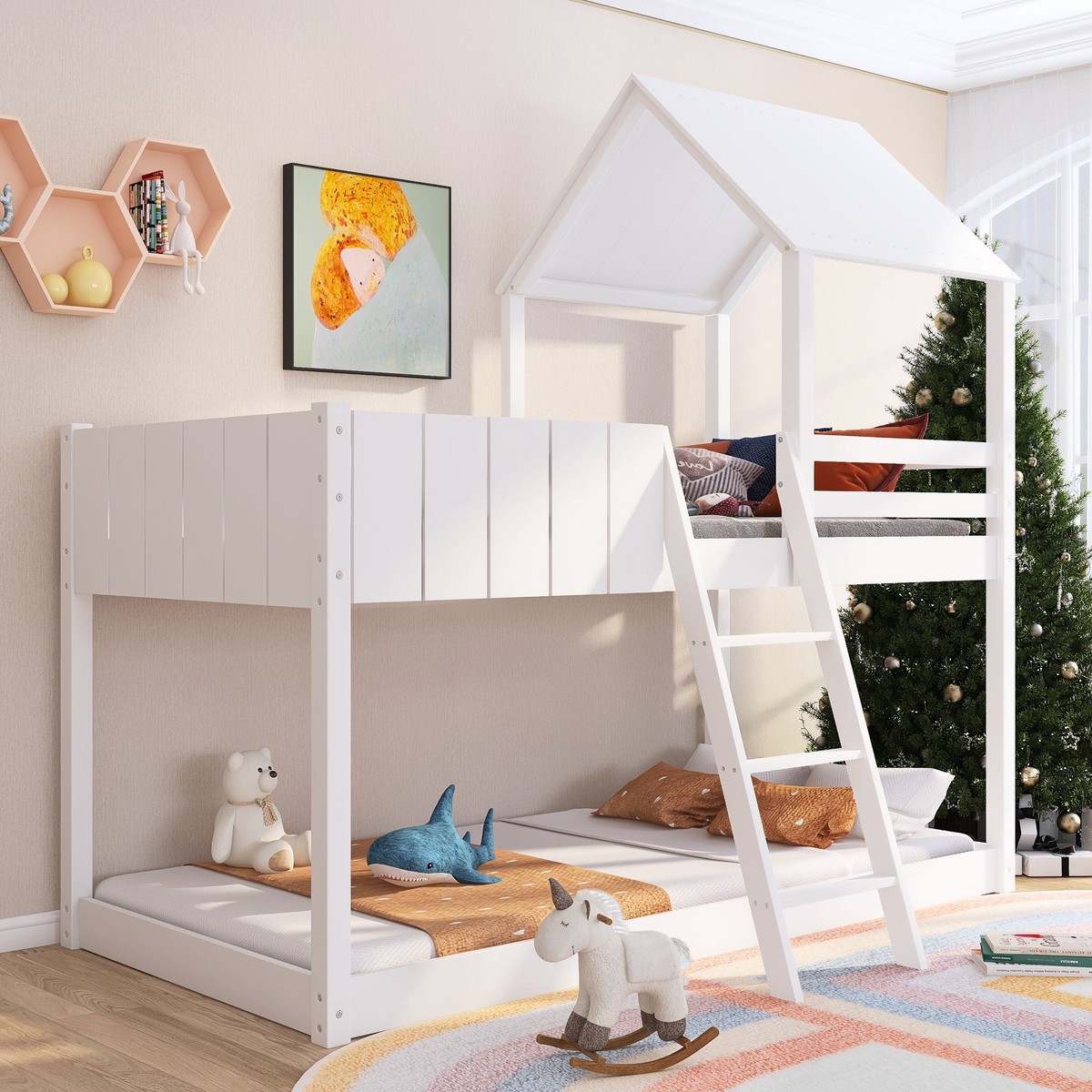 Wooden Bunk Bed with Ladder, Guard Rail & Treehouse Canopy, 3 FT Single, White