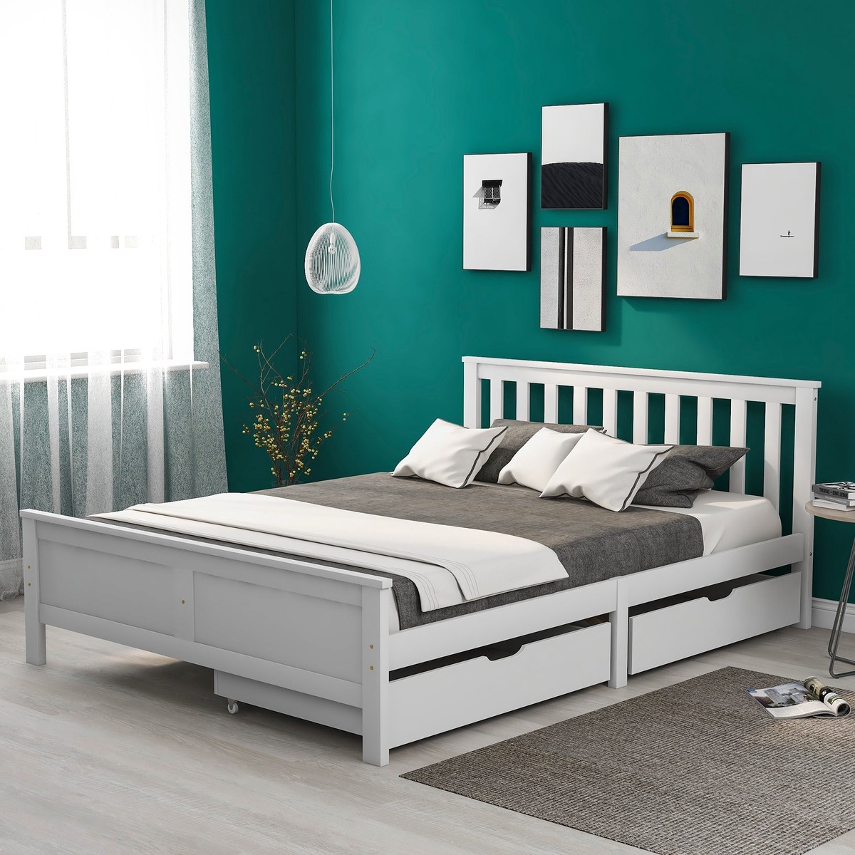 Wooden Storage Bed with Drawers, Solid Pine Frame, 4ft6 Double, White