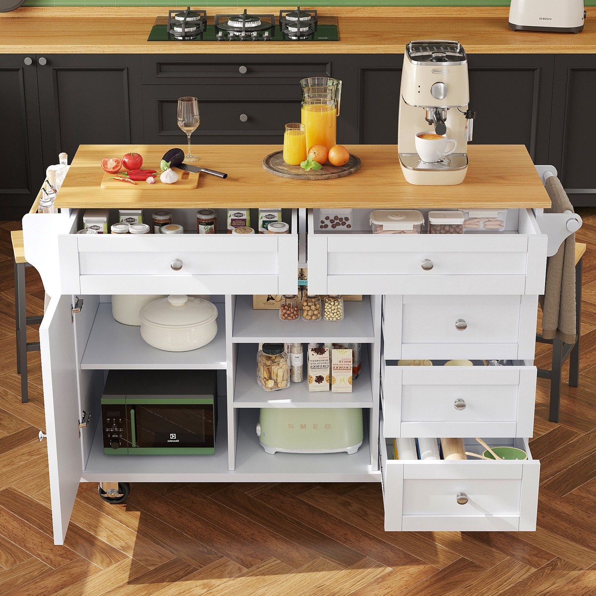 Dining Trolley, 134x46x92cm Drawer & Cabinet Storage, Mobile/Stationary Dual-Use, White
