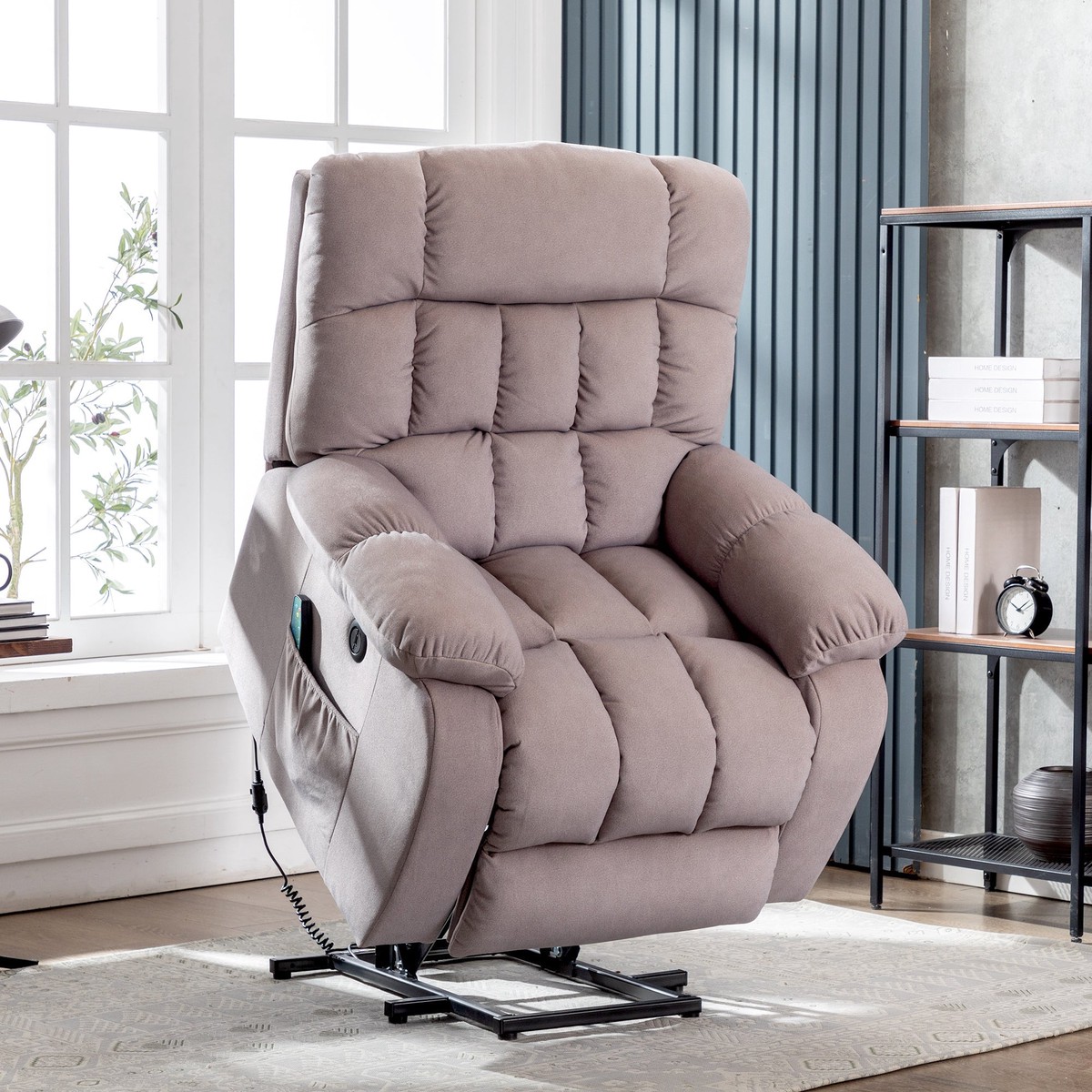 Electric Power Lift Recliner Chair Sofa with Massage, Heat, USB Ports, Side Pockets, Breathable Fabric