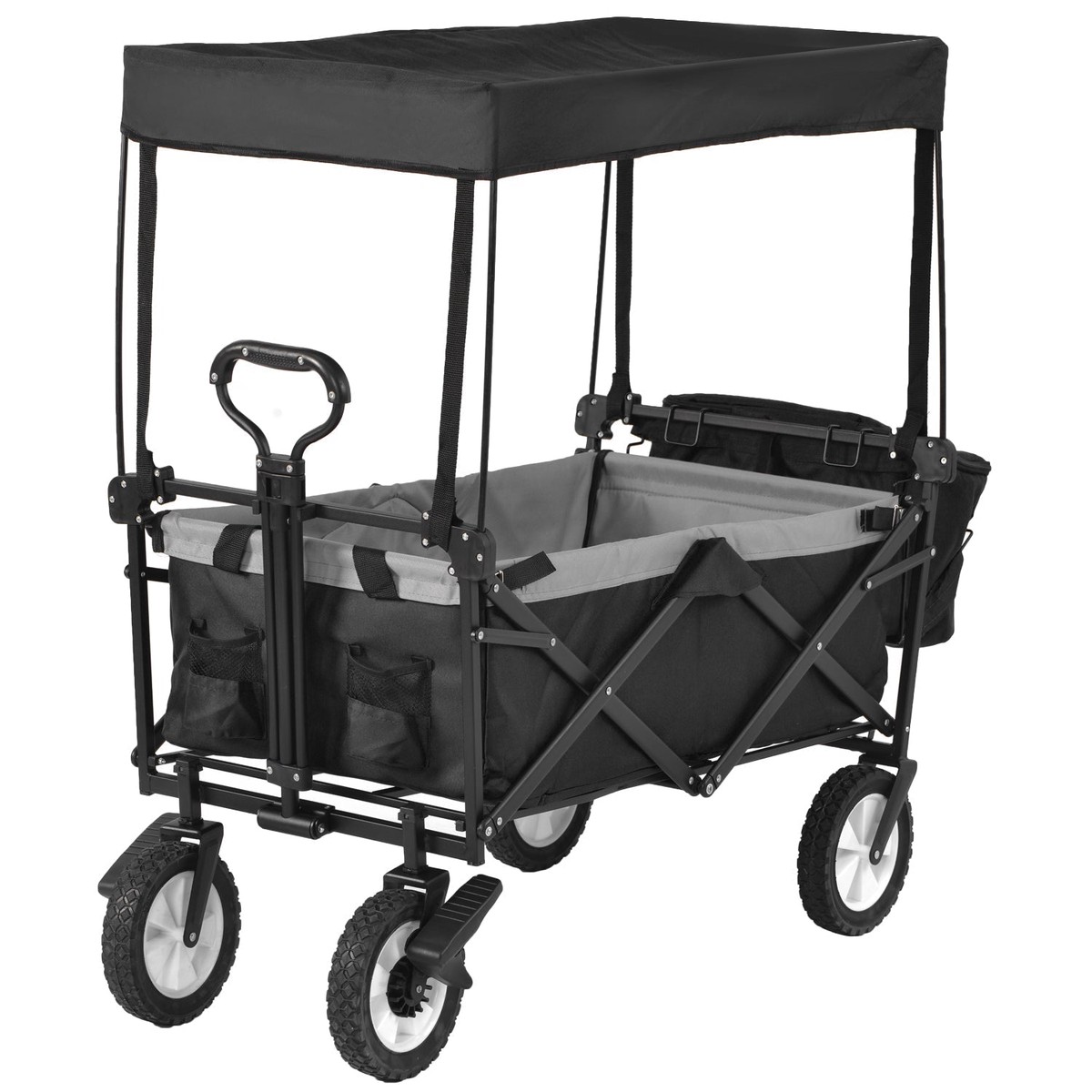 Garden Cart: Removable Canopy, Foldable Trolley Wagon, Front Cup Holder, Cooler Bag, Push Pull Handle, Hand Truck (Black)