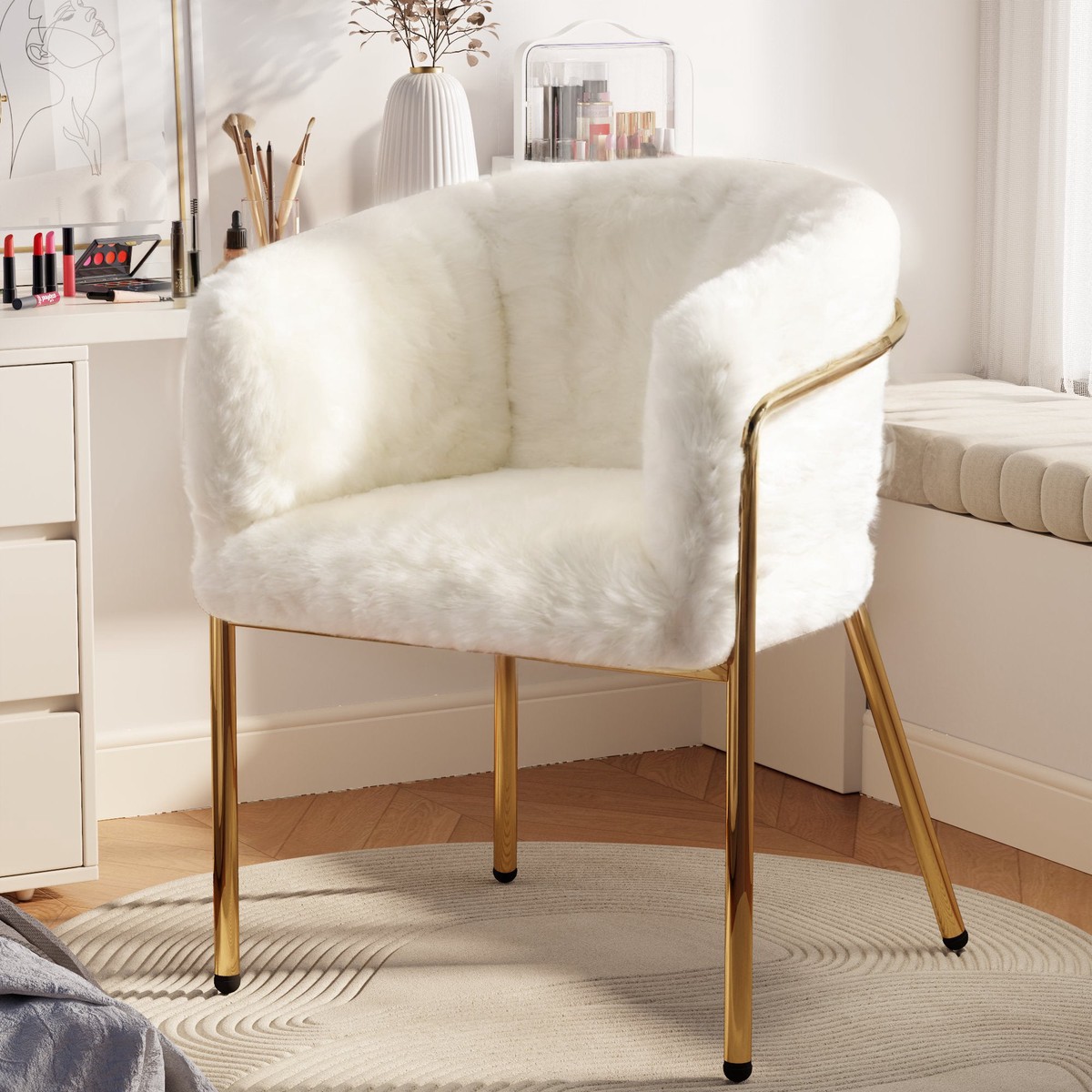 Leisure Chair, Single Dressing Dining Chair with 4 Metal Legs, Imitation Rabbit Down Beige