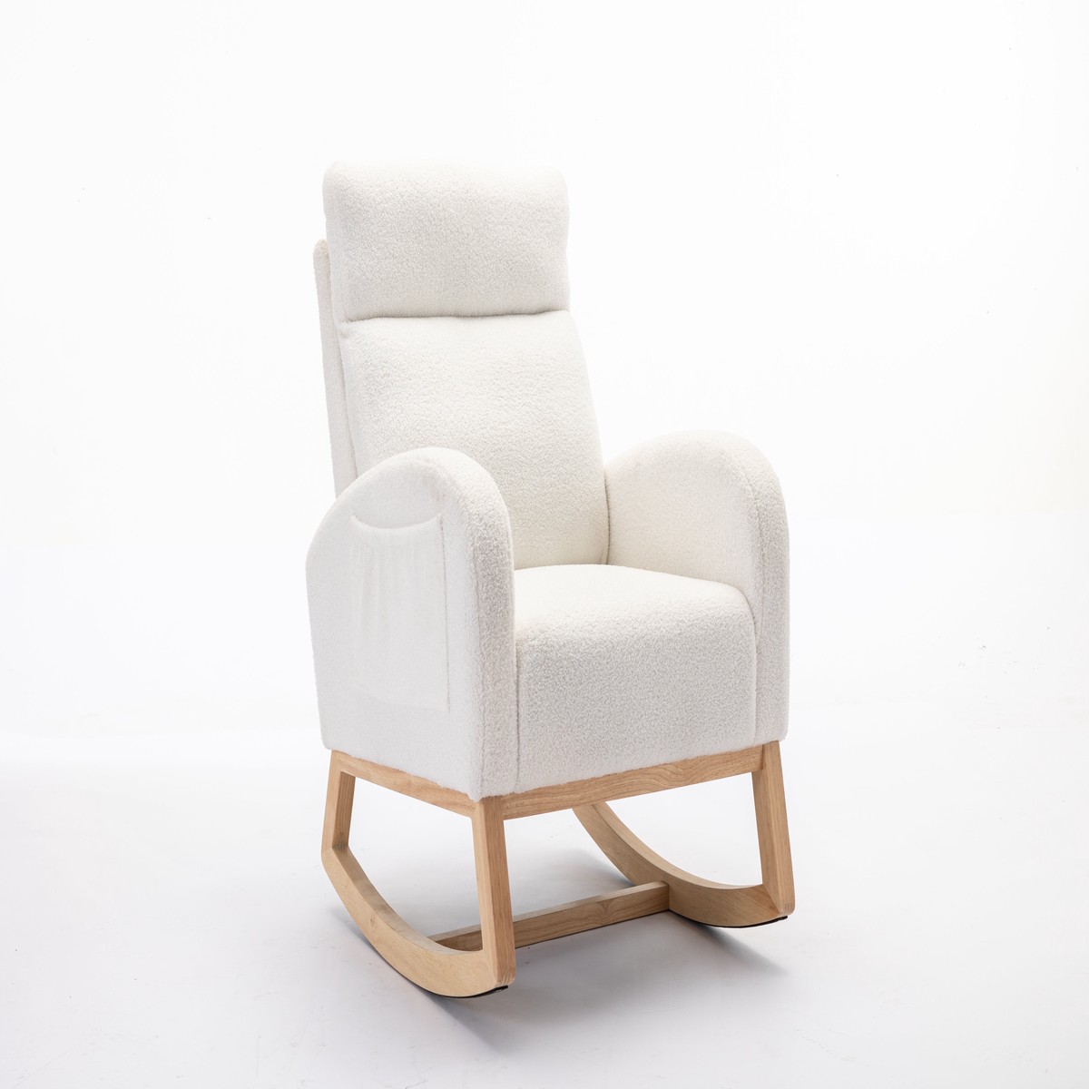 Mid Century Modern Teddy Fabric Upholstered Rocking Chair Padded Seat For Living Room Bedroom, Beige