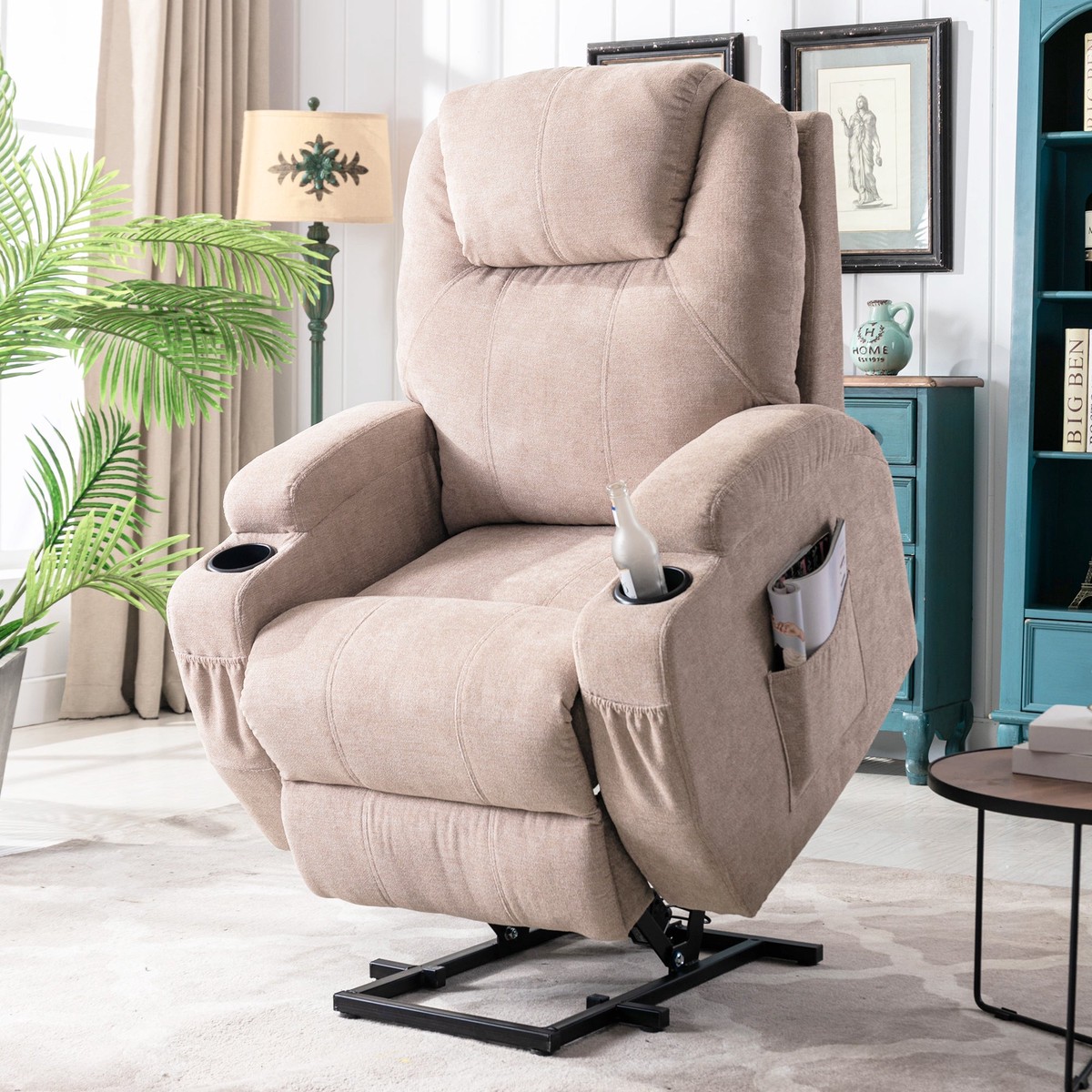 Power Lift Recliner Chair, Electric with Heat, Massage, Cup Holders & Pockets, Fabric