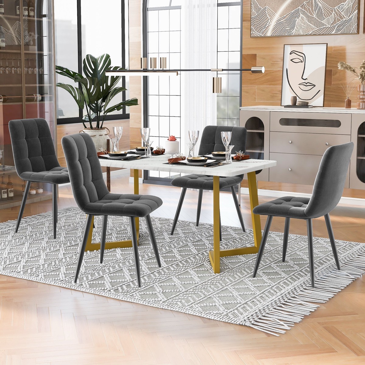 117cm Dining Set Rectangular Table Modern Dark Grey Velvet Chairs Gold Legs