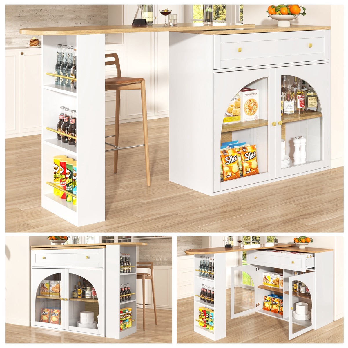 Bar Table Extendable 360 Rotating Storage with Shelves & Glass - White