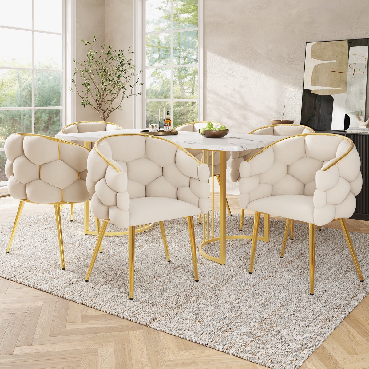 Dining Set 140x80cm Table 6 Chairs Marble Pattern - Gold Legs