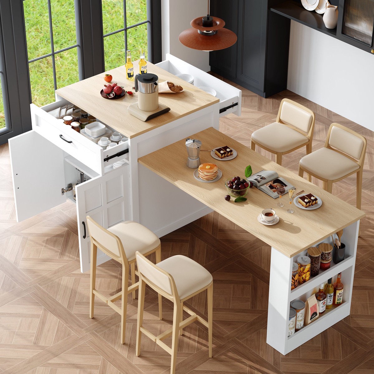Extendable Bar Table Storage Drawers Shelves Kitchen Island - White