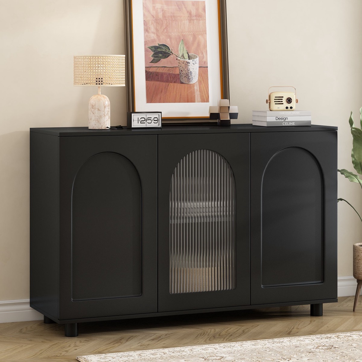 Sideboard U-Shaped Glass Door Rebounder Design - Black