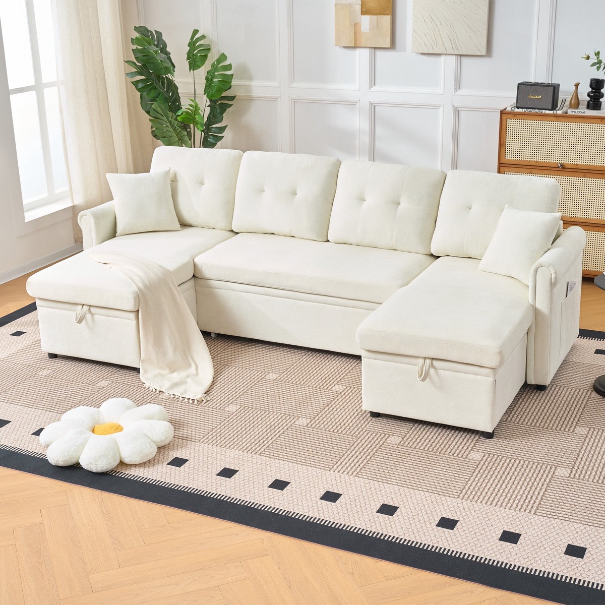 U-shaped Corner Sofa Sleeper Storage Couch - Chenille Beige