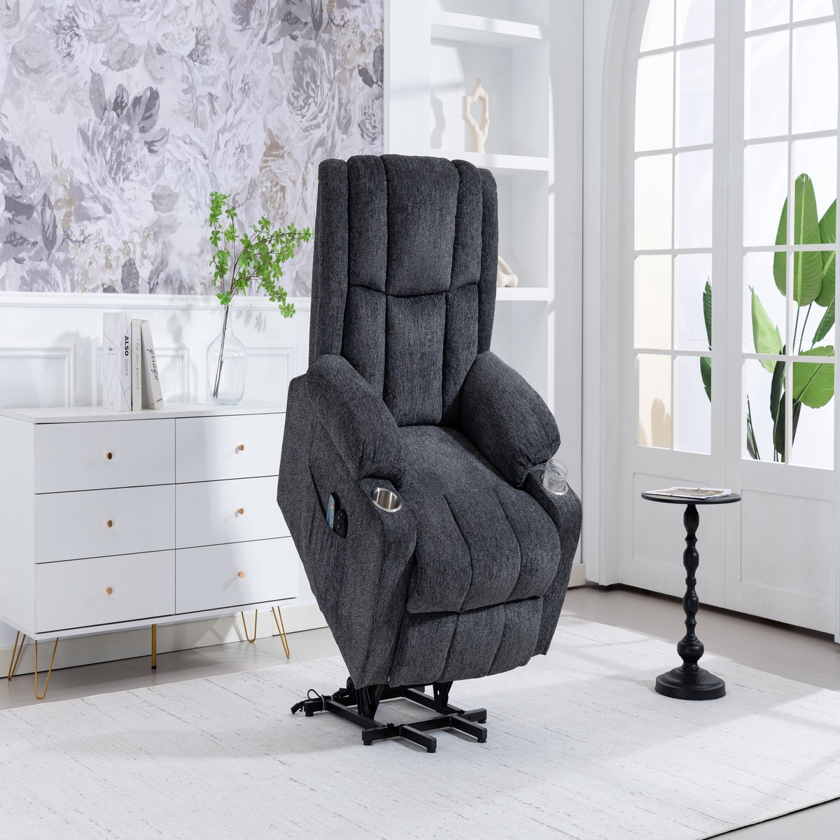 Electric Armchair Lift Assist Massage Heat Footrest Cup Holder - Dark Grey