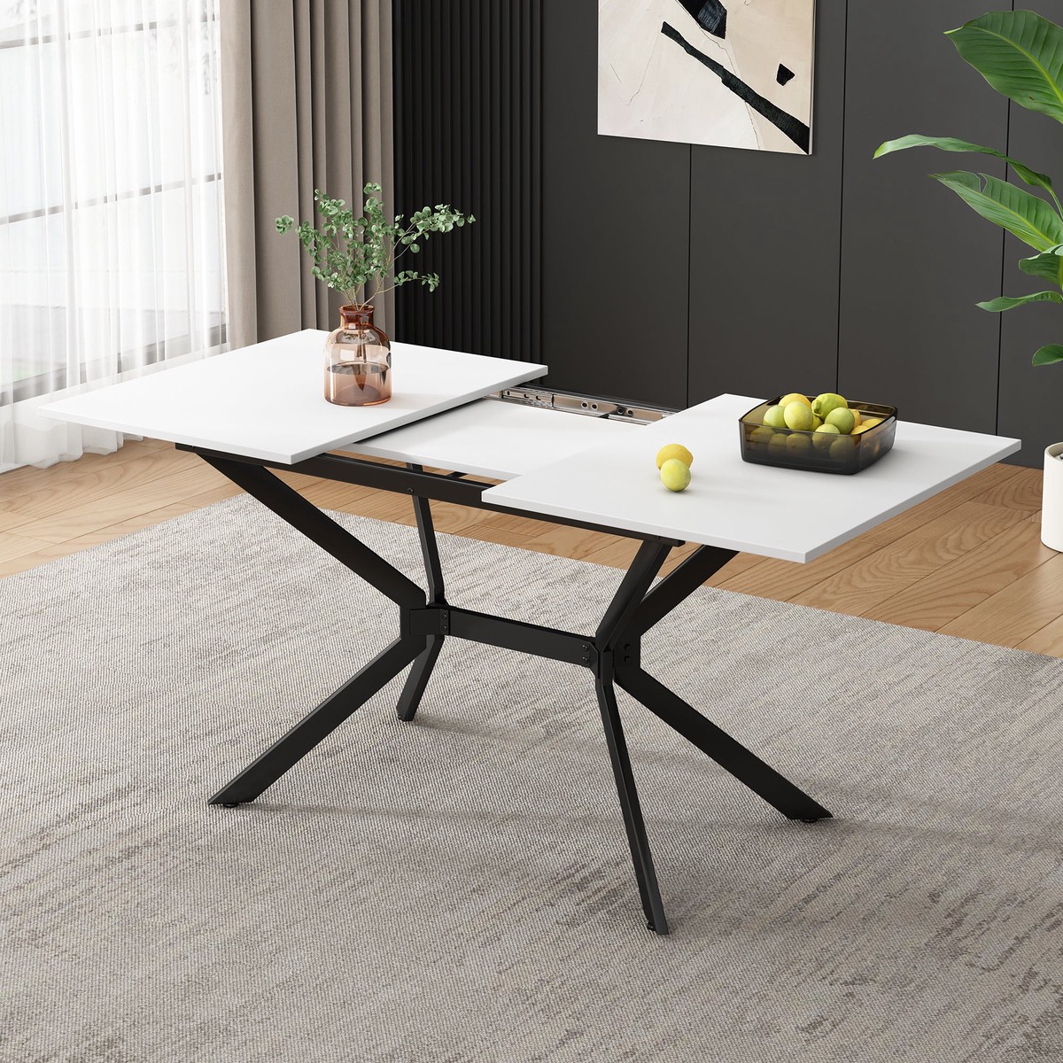 Extendable Dining Table, Rectangular Seating for 4-6 People, White and Black Metal