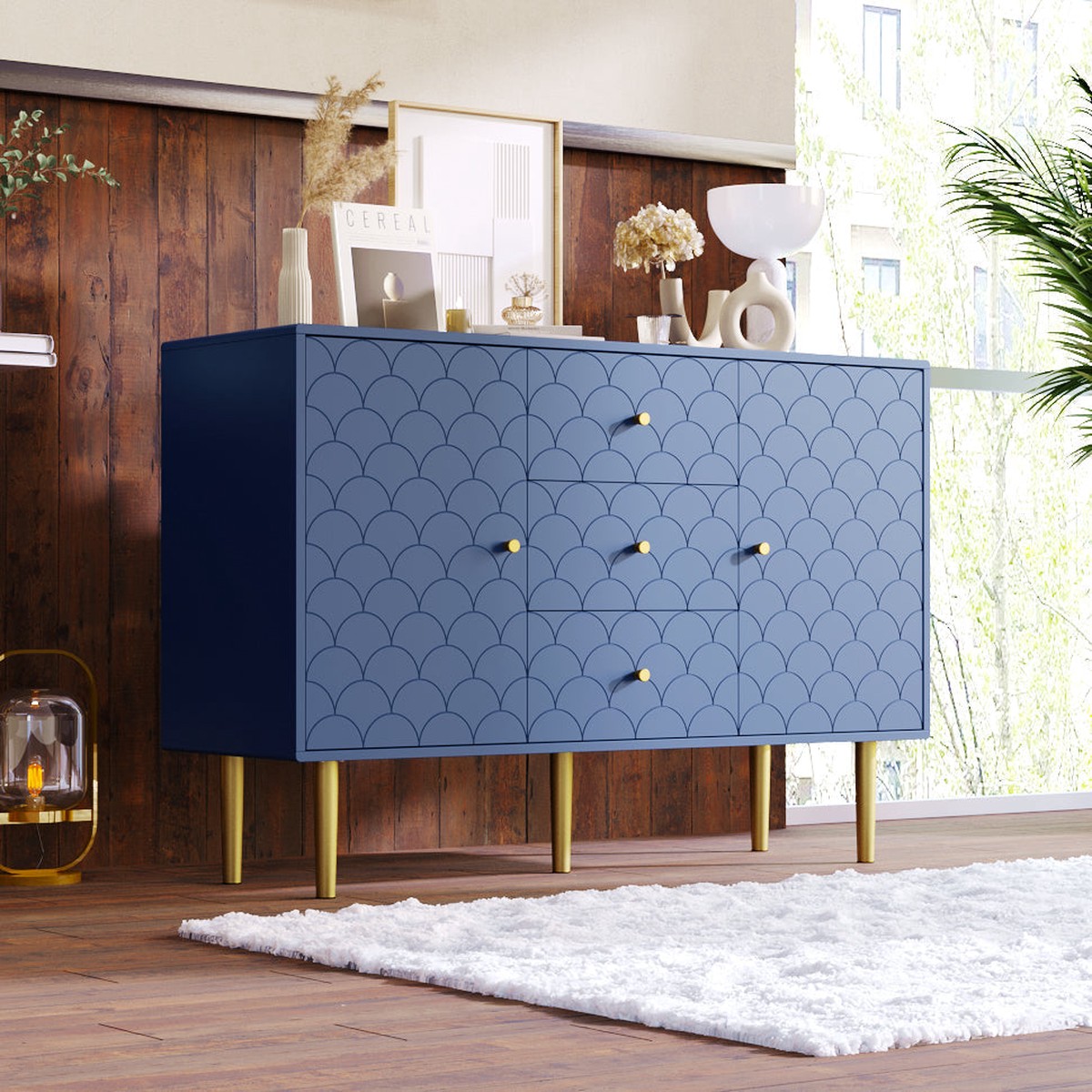 Sideboard Chest 2 Doors 3 Drawers Adjustable Shelf - Navy Blue