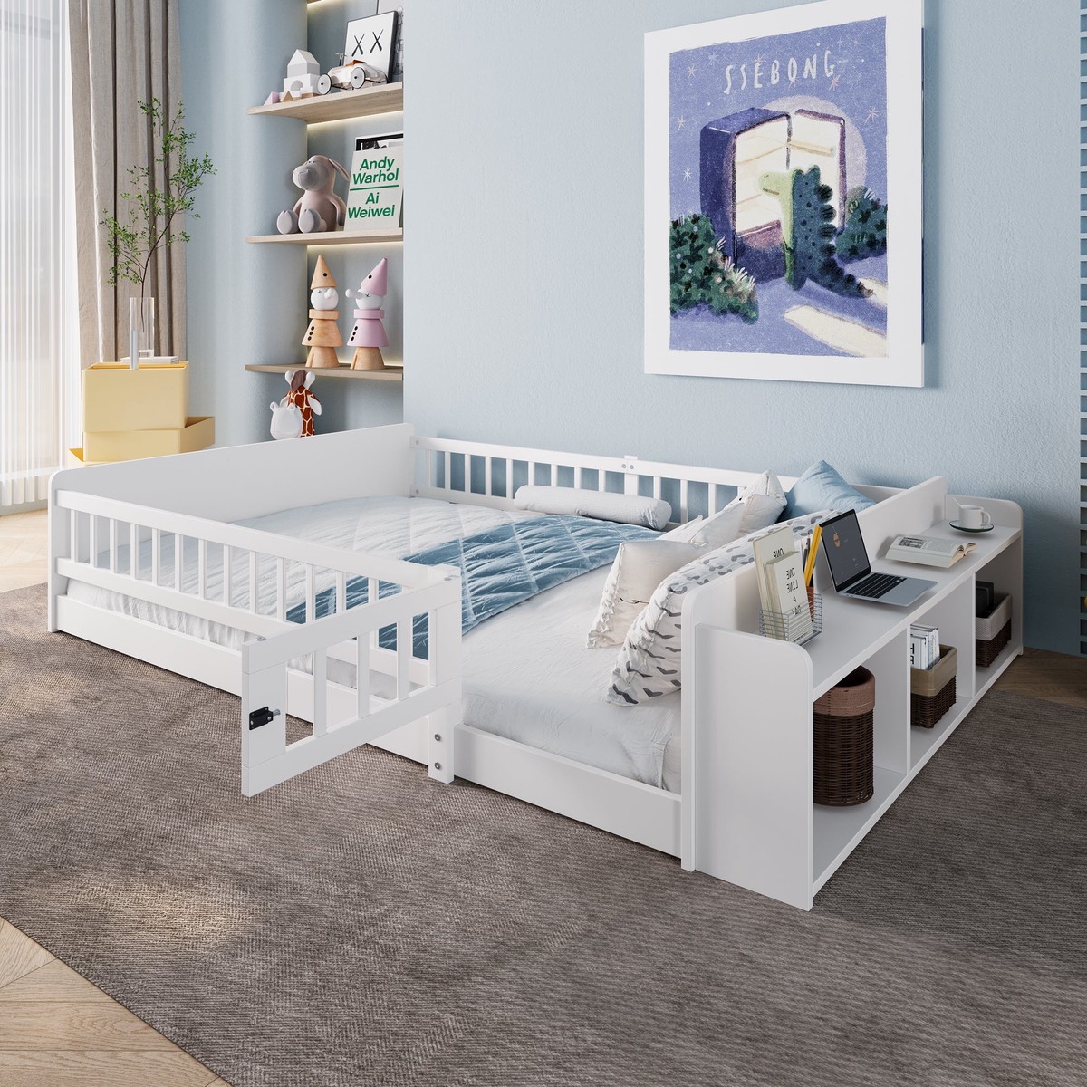 Wooden Children's Bed 140x200cm Open Storage Shelves Pine Wood - White