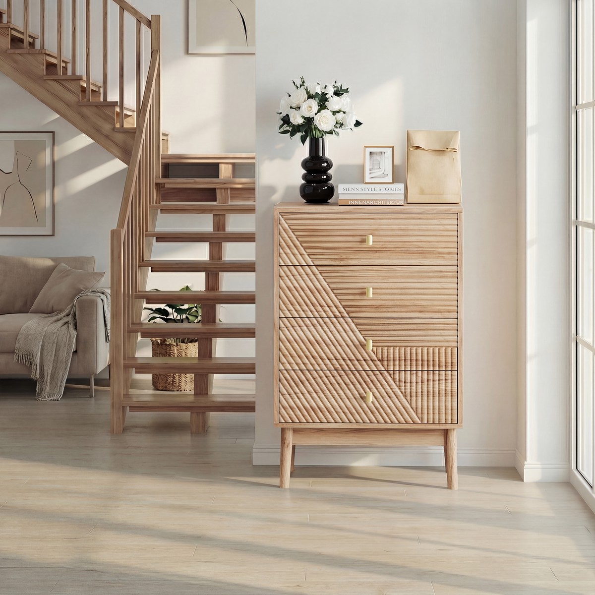 Chest of Drawers with 4 Storage Drawers and Wooden Wardrobe Cabinet, Oak Color