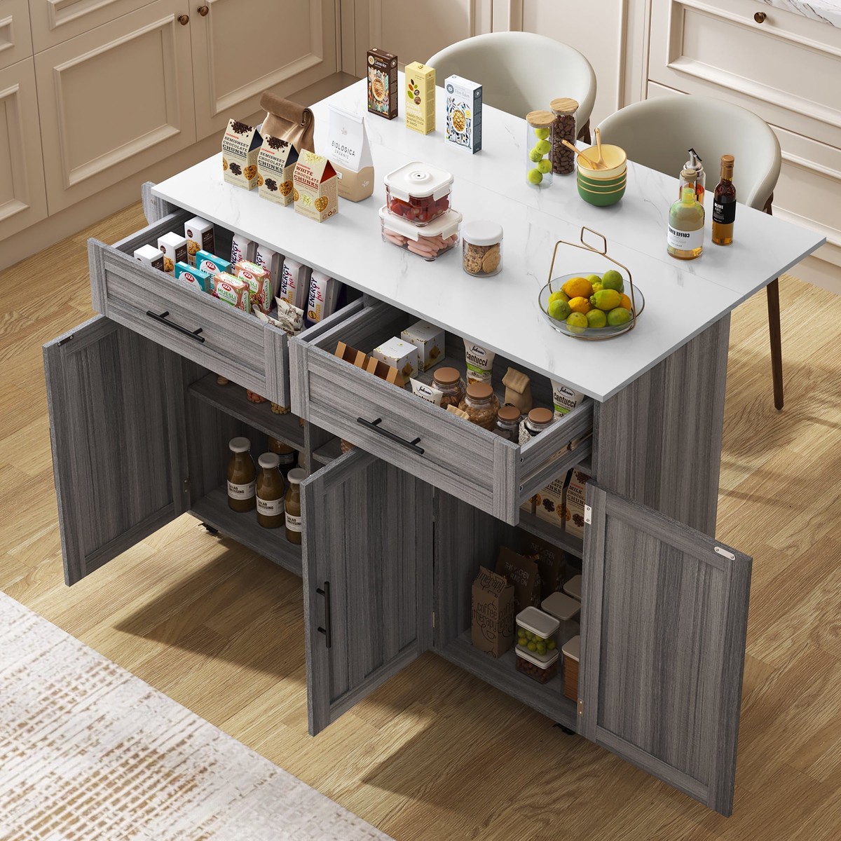 Dining Cart Kitchen Island Folding Table 5 Wheels Storage 2 Drawers - White/Khaki Grey