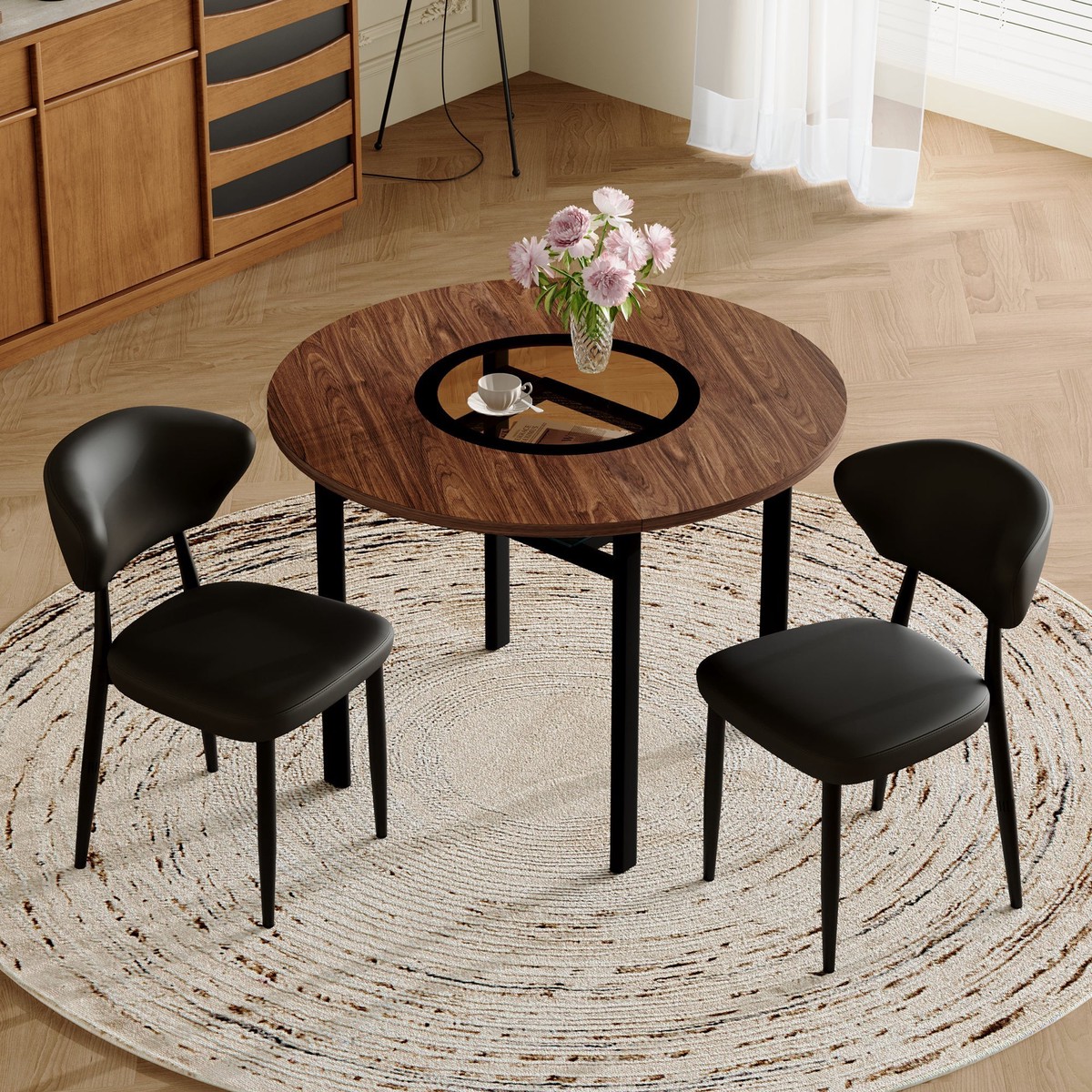 Round Table Set Modern Minimalist 100cm with 2 PU Armchairs - Wood Look/Black