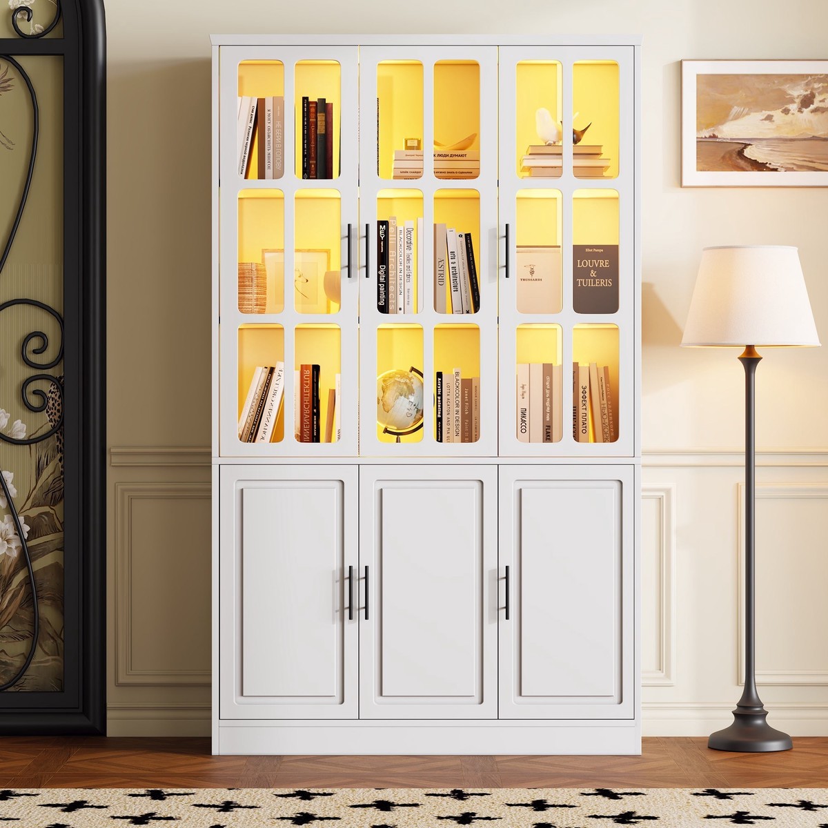 Standing Display Cabinet with 6 Doors and LED Lighting, White