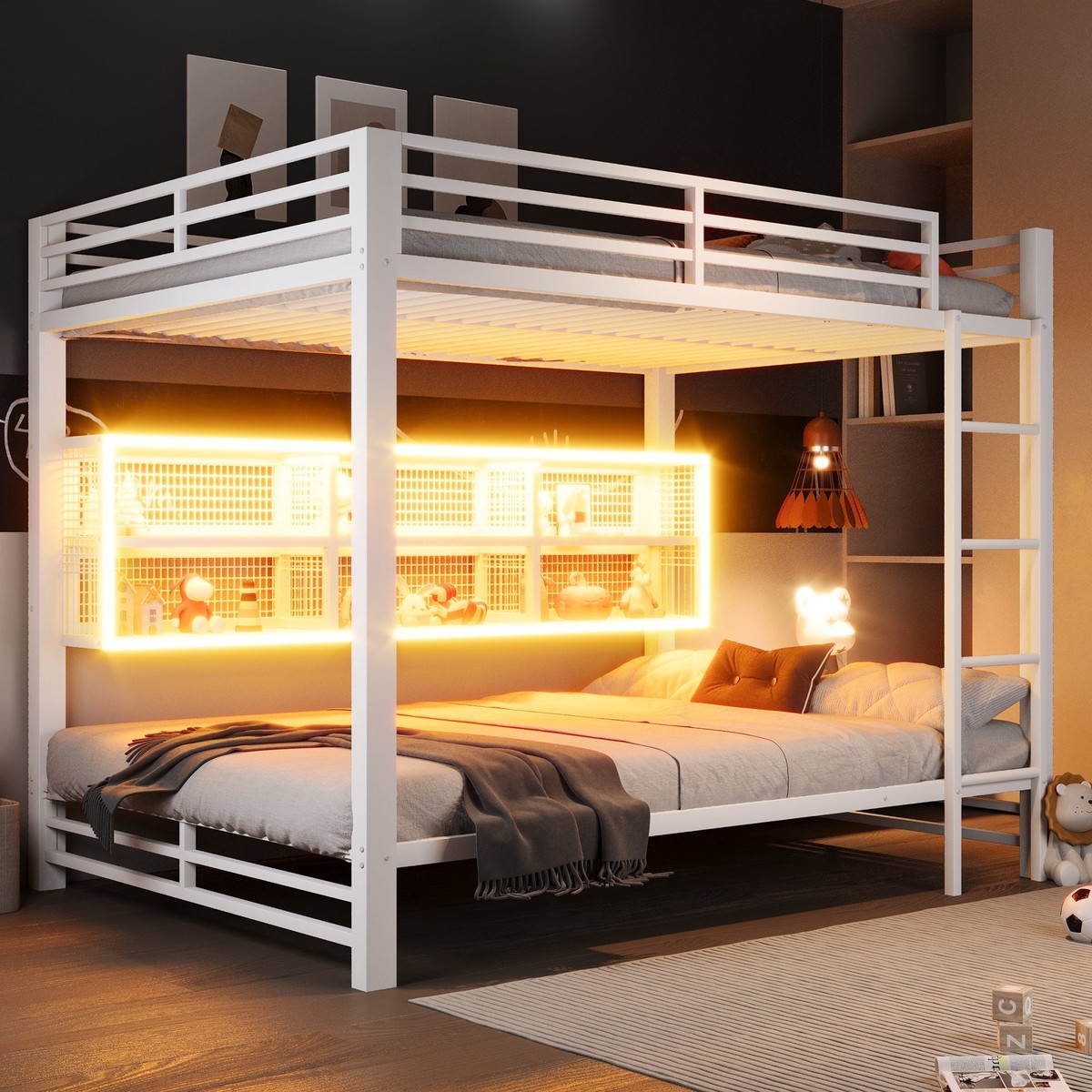 140x200 Bunk Bed with Storage Cabinets and LED Light, White