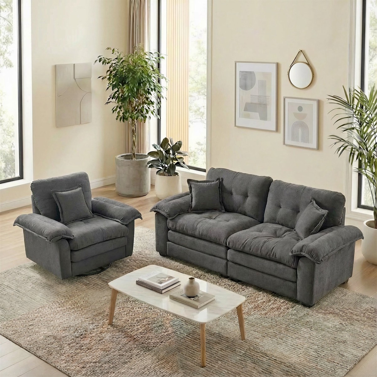 2-Piece Sofa Set with Single Sofa and Loveseat, Double-Layered Cushions and Pillows, Chenille
