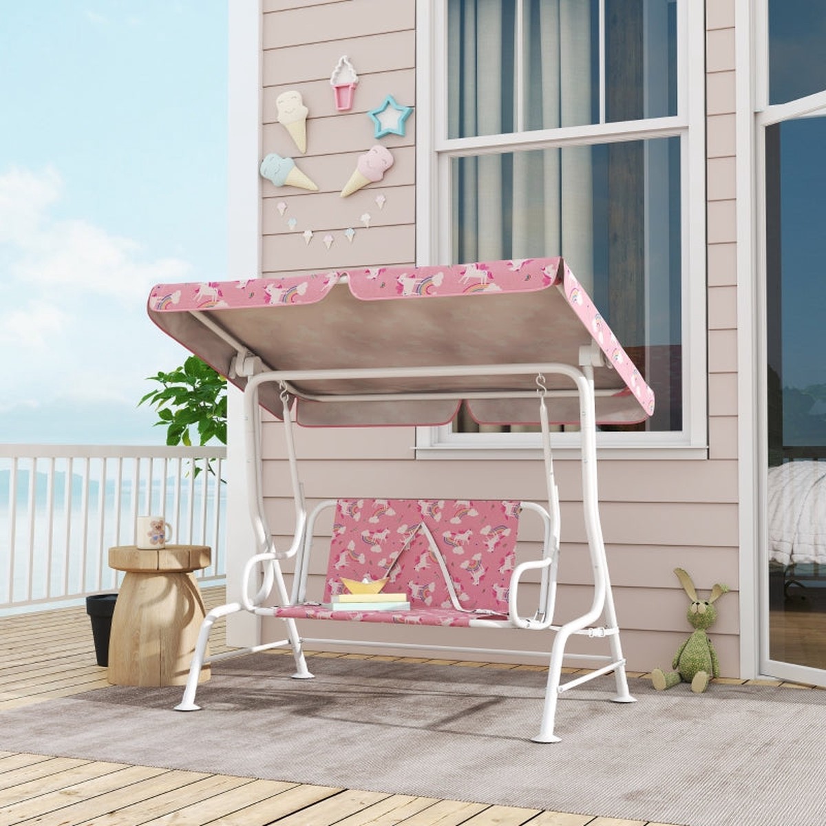 2-Seater Children's Hollywood Swing with Adjustable Canopy and Safety Belt, Pink