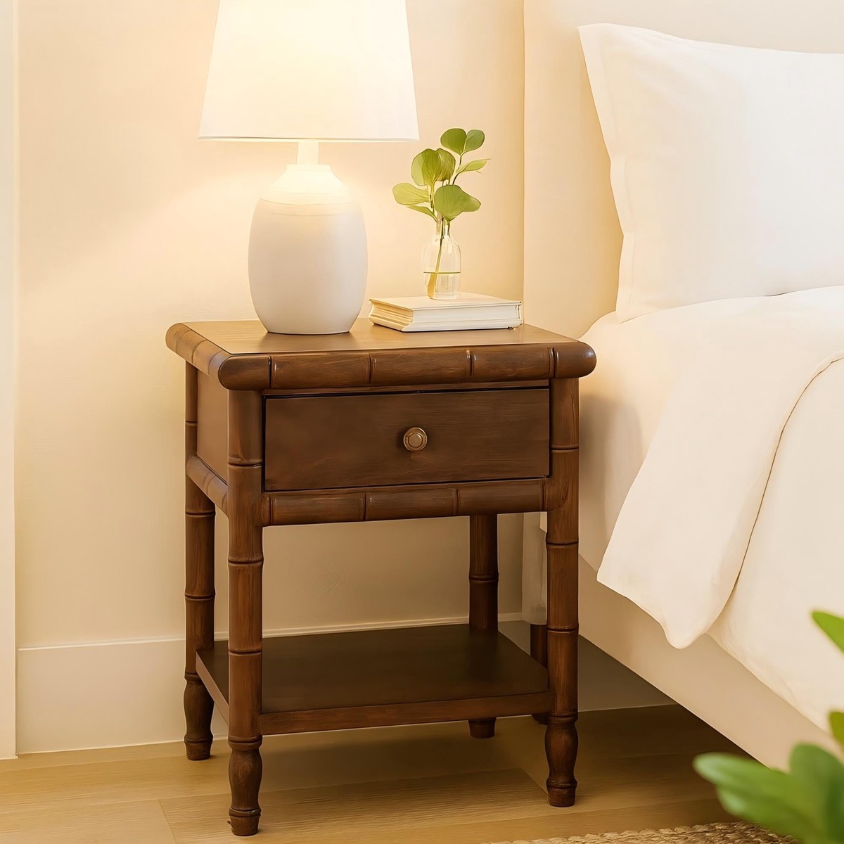 Bedside Table with 1 Drawer & 1 Open Slot, Solid Wood Bamboo, Brown