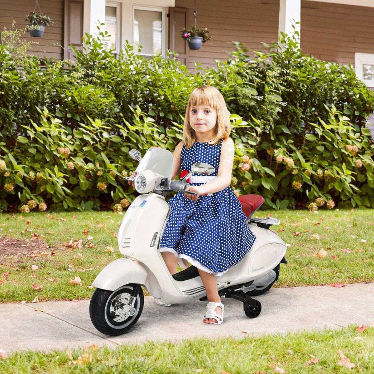 Children's Electric Motorcycle with 6V Battery, Headlight and Training Wheels, White