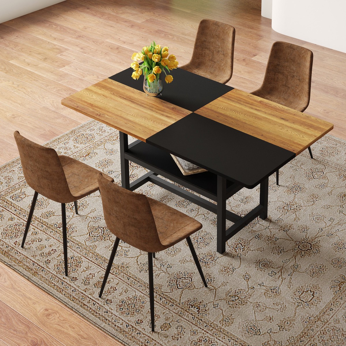 Dining Table Set, 160 cm Rectangular with Storage & 4 Chairs, Brown Tech-Fabric