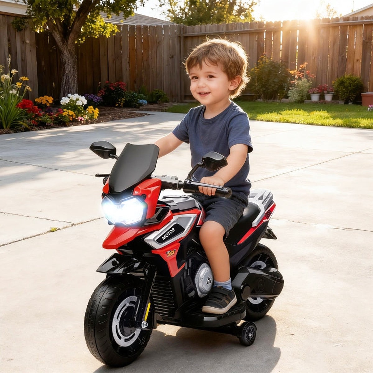 Electric Kids Motorcycle with Training Wheels, Lights and Music, Red