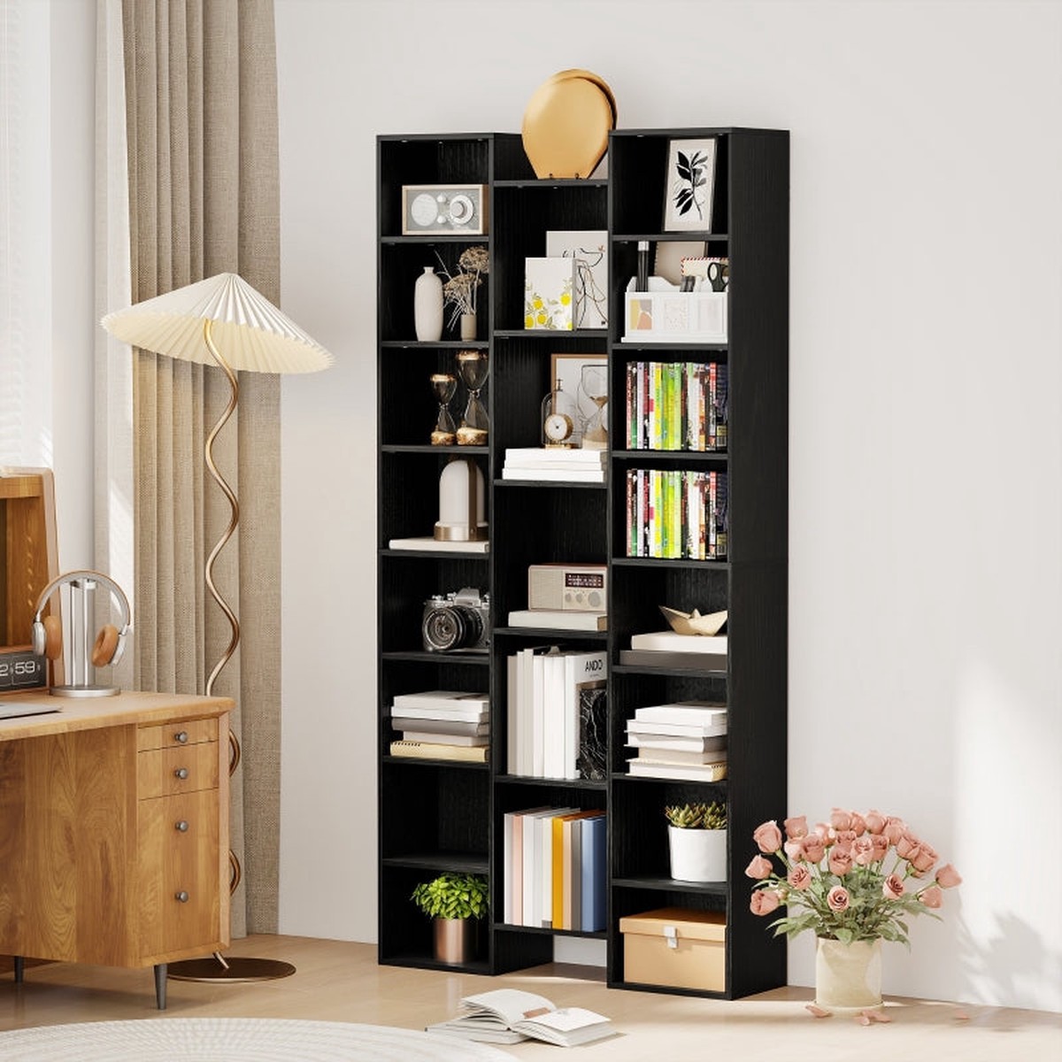 21-Compartment Bookshelf with Ten Adjustable Shelves Engineered Wood Black