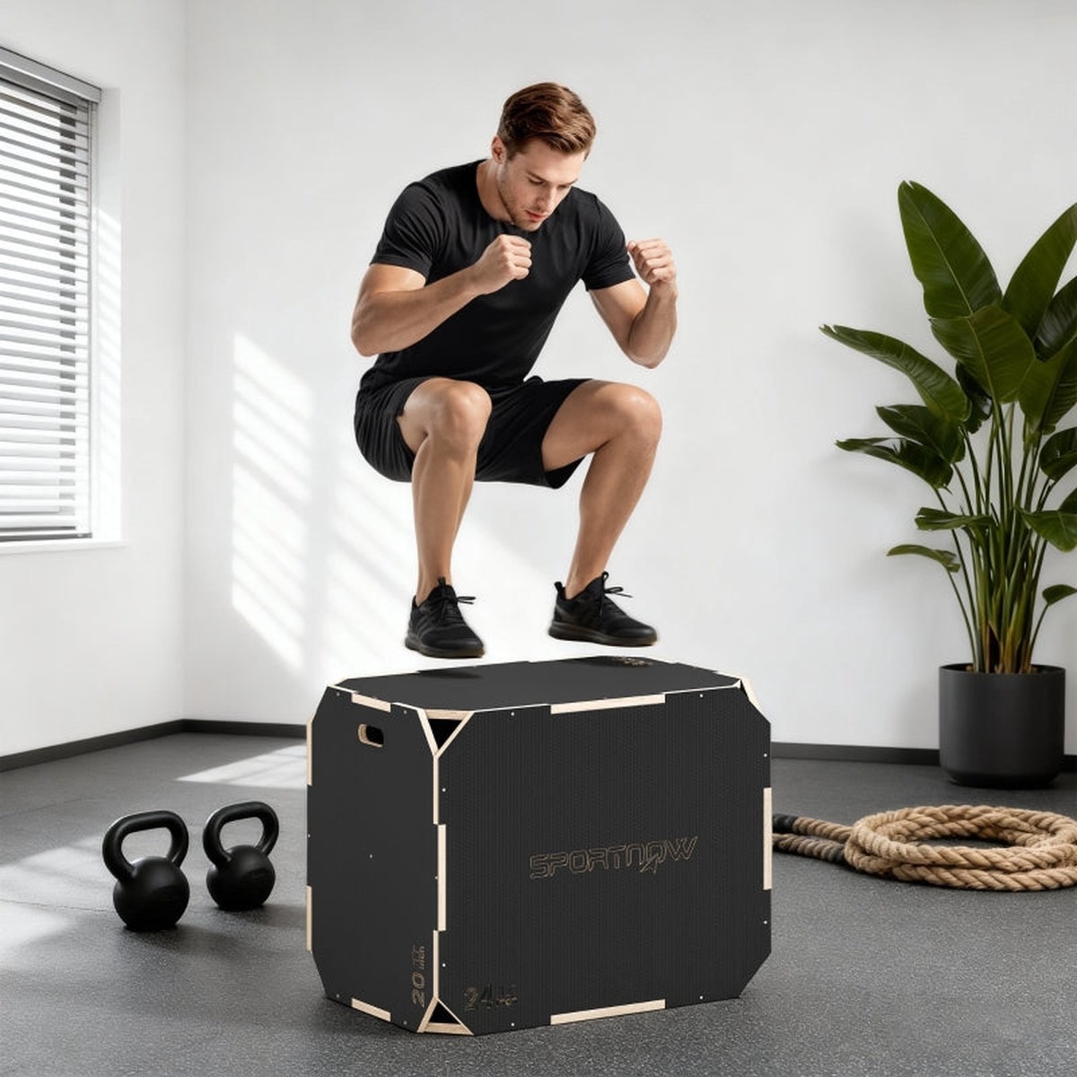 3-in-1 Plyo Box with Handle Openings and 3 Jump Heights, Wood, Black