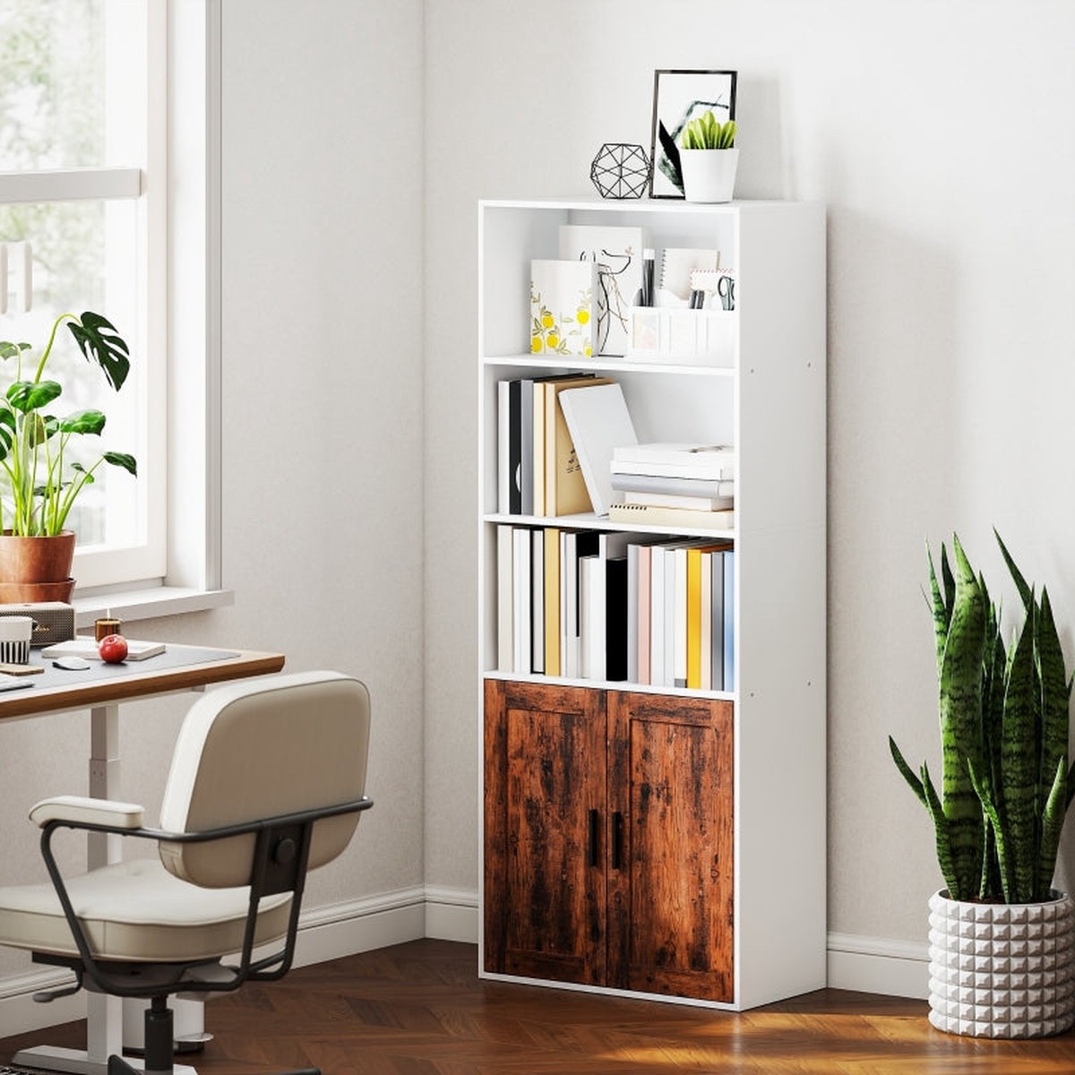 5-Tier Bookcase with Adjustable Shelf and Closed Cupboard, Rustic Brown